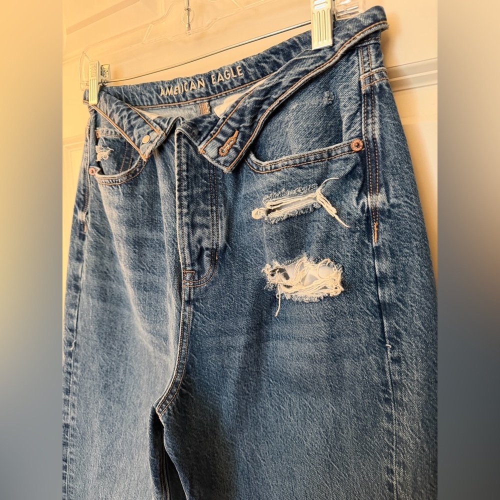 American Eagle Foldover High Waist Straight Leg Jeans, Distressed Blue, 8 Short - Picture 3 of 15